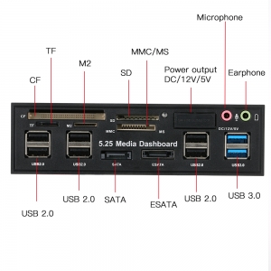 5.25" priekinis skydelis "Aukščiausia klasė" (USB 3.0, eSATA, SATA)