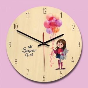 Sieninis laikrodis "Super mergaitė" (28 x 28 cm, medinis)
